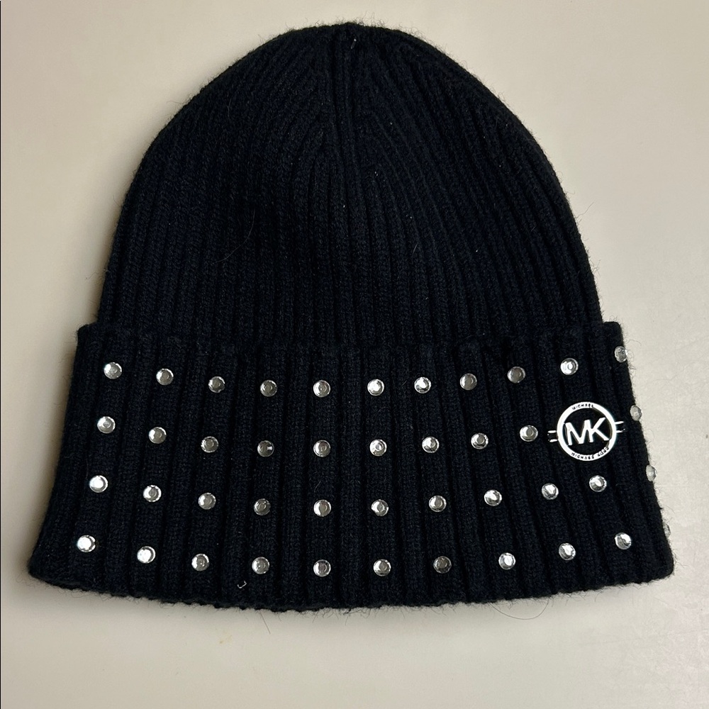 Michael Kors Black Knit Hat with Silver Rhinestones